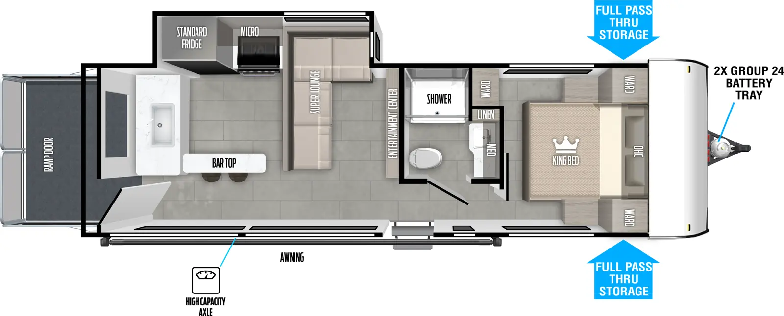 The Wildwood FSX 269VCVIEW floorplan is a toy hauler that has one entry and one slide out. Exterior features include: fiberglass exterior. Interiors features include: front bedroom.